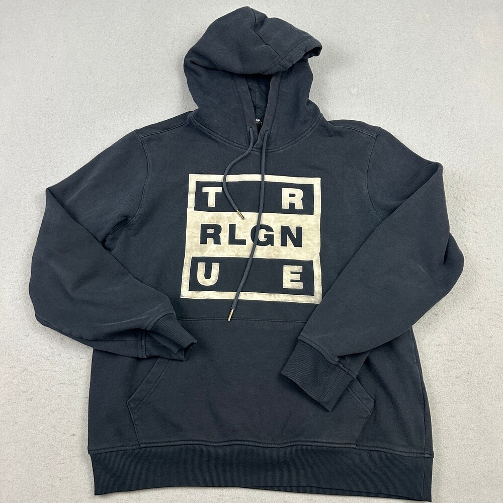 True Religion Hoodie Men Large Black Pullover Box Logo Graphic Sweatshirt L